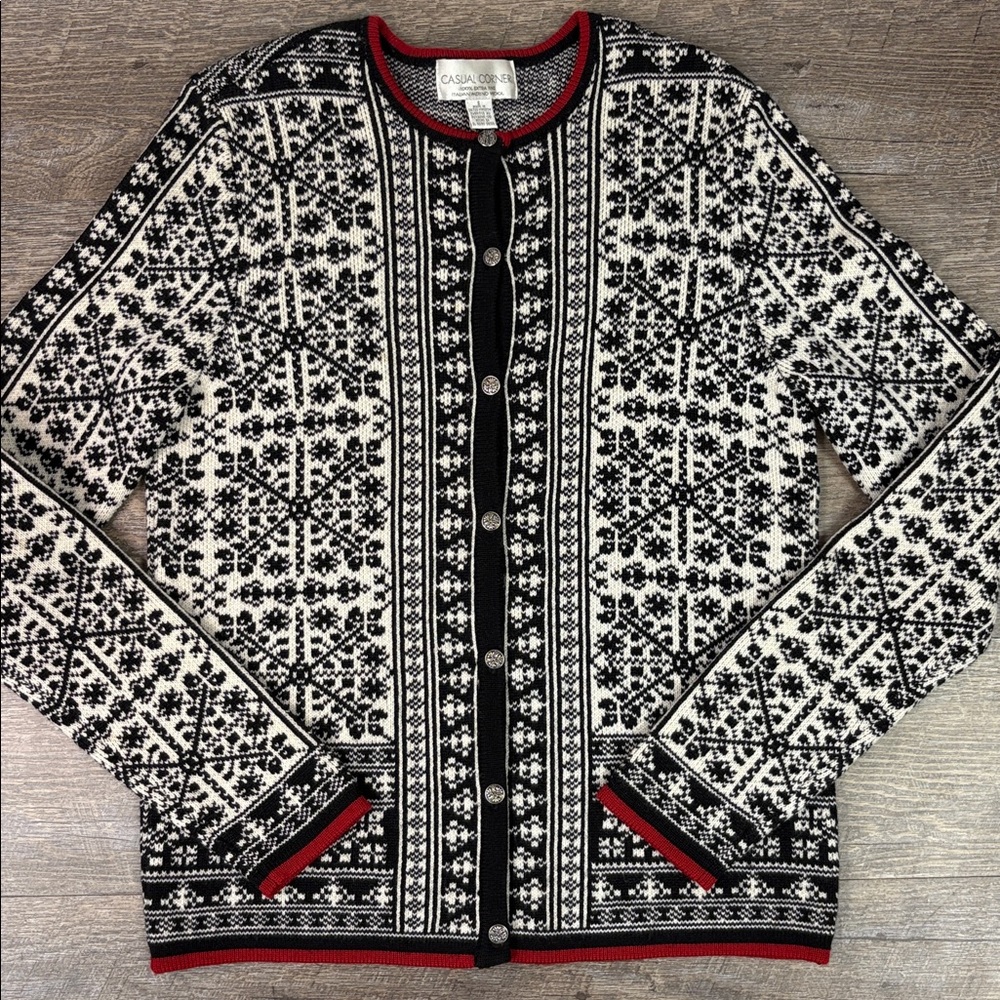 Casual Corner Black & Ivory Nordic Merino Wool Cardigan Size Small